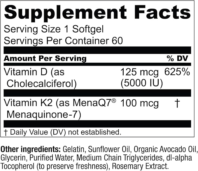 Live Conscious Vitamin K2 MK7 with D3 Supplement | Bone &amp Heart Health Support - Patented Vitamin K &amp Vitamin D3 5000 IU - 60 Softgels