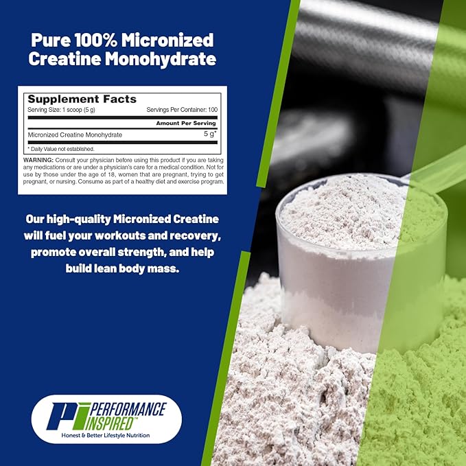 Performance Inspired Nutrition Micronized Creatine Monohydrate – 100% Pure Unflavored No Fillers – Supports Muscle Growth &amp Recovery – 1.1 lb