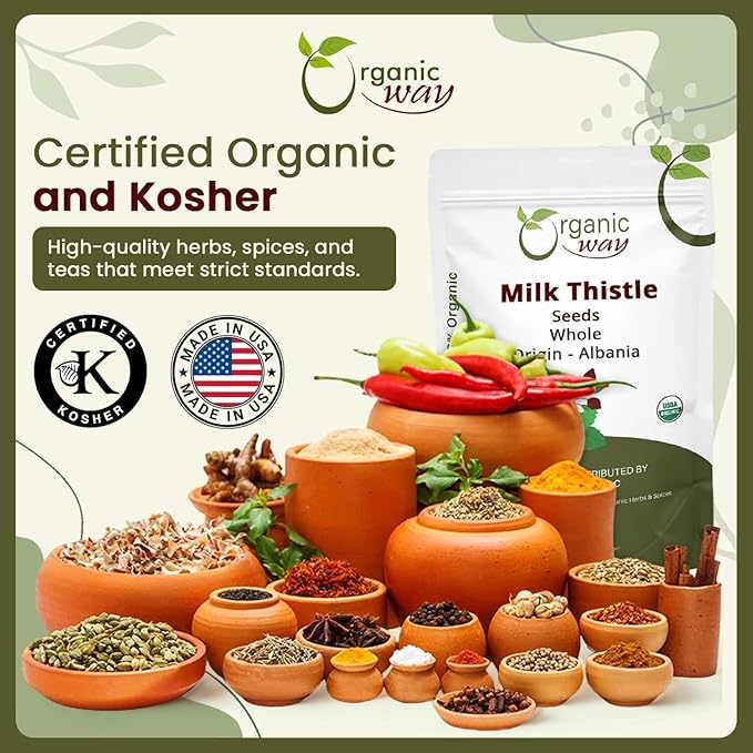 Organic Way Whole Milk Thistle Seeds (Silybum marianum) - Herbal Tea | European Wild-Harvest Organic &amp Kosher Certified Vegan Non GMO &amp Gluten Free USDA Certified Origin - Albania (16 Oz)