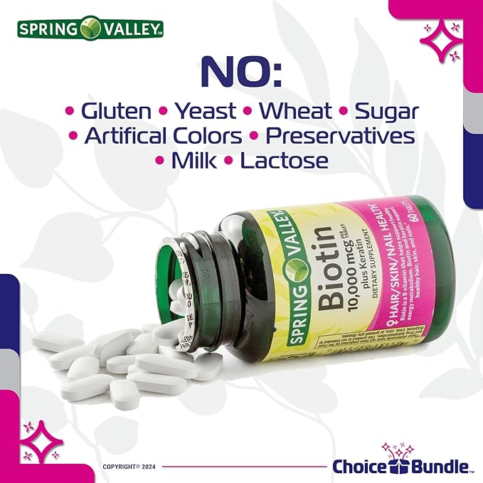 Choice Bundle Spring Valley Biotin Softgels 1000mcg Dietary Supplement for Hair Skin Nail Health 150 Ct 4 pk (600 Total) + Vitamin Guide &amp Pill Container (6 Items)!