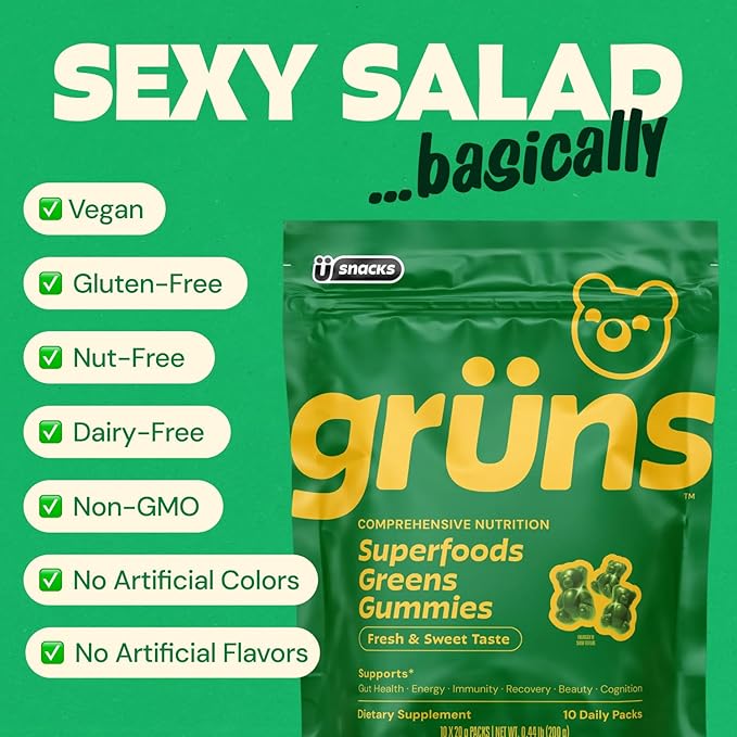 Gruns Adult Super Greens Multivitamin Gummies Superfood Gummy Vitamins for Women and Men with Spirulina Chlorella Adaptogens &amp Prebiotic Fiber for Digestive Health (28 Count) (Pack of 2)