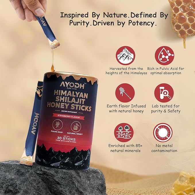 Himalayan Shilajit Honey Sticks with Natural Honey Strawberry Flavor – 30 Count 75%+ Fulvic Acid 85+ Trace Minerals Easy Single-Use Energy &amp Immunity Support