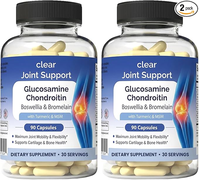 Glucosamine Chondroitin MSM with Turmeric 180 Capsules - Joint Supplements for Women &amp Men – with Boswellia Quercetin – Clear Joint Support Supplement for Flexibility Mobility Cartilage Repair