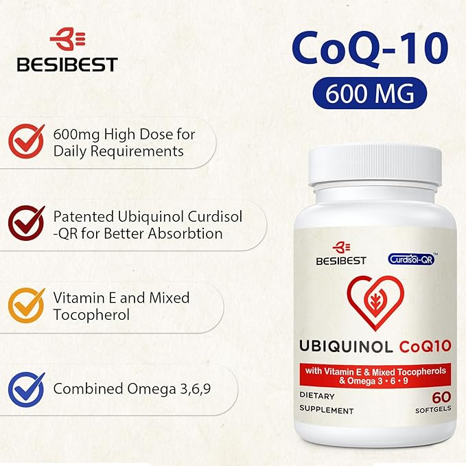Ubiquinol CoQ10-600mg-Softgel Active Form of Coq10 Ubiquinol Supplement with Vitamin E &amp Omega 3 6 9 High Absorption-Coenzyme-Q10 Powerful Antioxidant for Energy Production 240 Count