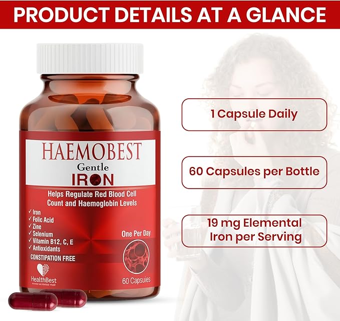 HealthBest High Potency Gentle Iron Capsules 19mg |Slow Release Iron for Faster Absorption Non-Constipating| Vitamin C B12 Folate Zinc &amp Selenium for Anemia Hemoglobin &amp Immune Support |60