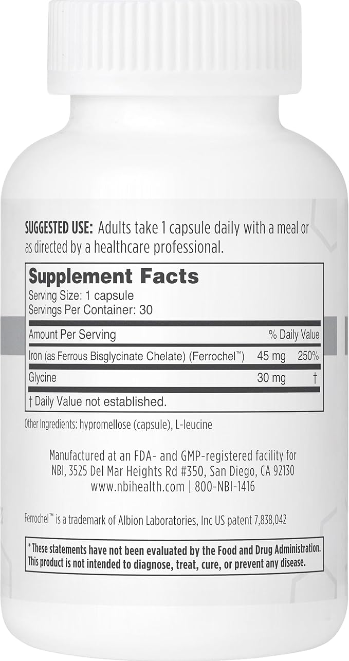 NBI FerroSolve Best Absorption Iron Supplement 45 mg | High Potency | GI Safe | 30ct Veggie Capsules