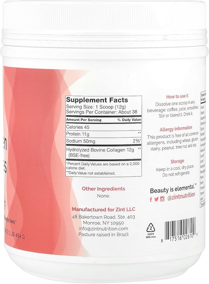 Zint Collagen Peptides Powder (16 Ounce): Anti Aging Hydrolyzed Collagen Protein Powder Beauty Supplement - Skin Hair Nails