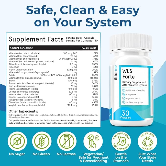 FitForMe Bariatric Multivitamin with Iron Tailored for Gastric Bypass Surgery – One-a-Day Capsule 30-Day Supply Easy-to-Swallow WLS Forte Capsule Scientifically Formulated – for Men &amp Women
