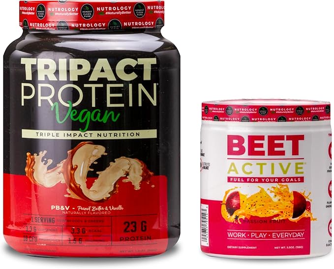 Nutrology TRIPACT Vegan Protein Powder for Vegan Protein Shakes Peanut Butter Vanilla (20 Servings) &amp Beet Active Natural Pre-Workout Powder Passion Fruit Flavor (30 Servings)