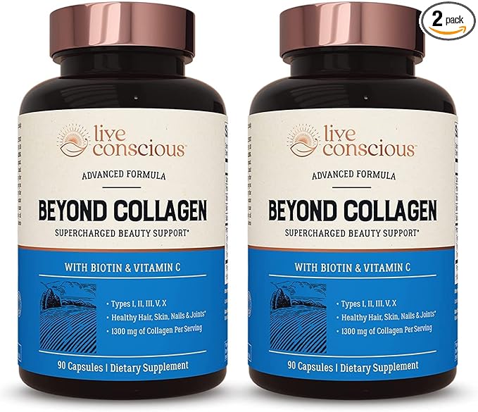 Live Conscious Beyond Collagen Multi Collagen Capsules - Types I II III V &amp X | Hydrolyzed Blend with Biotin &amp Vitamin C for Hair Skin Nails 90 Capsules (2-Pack)