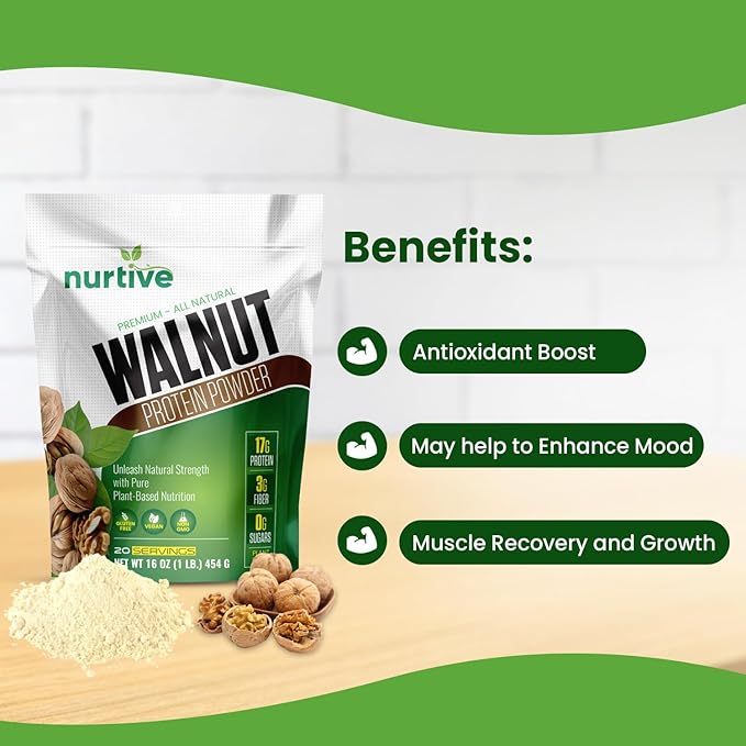 Walnut Protein Powder - Rich in Omega-3 &amp Plant-Based Protein - Antioxidant Boost - Ideal for Smoothies &amp Baking - Gluten Free Vegan Non GMO - 20 Servings (16 oz / 454 g)