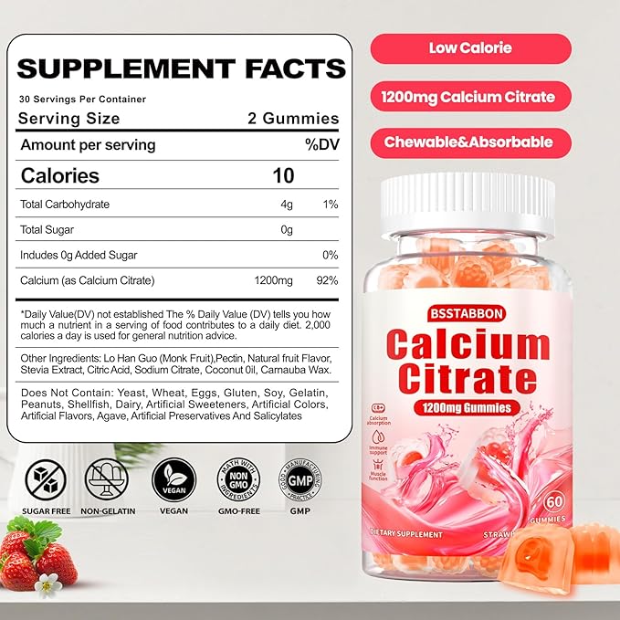 Calcium Citrate Supplement Gummies for Adult: Women &amp Men Sugar Free 1200 mg Calcium Chewable Gummy - Organic Natural High Absorption Vegan Supplements for Energy Immune Support (120Count