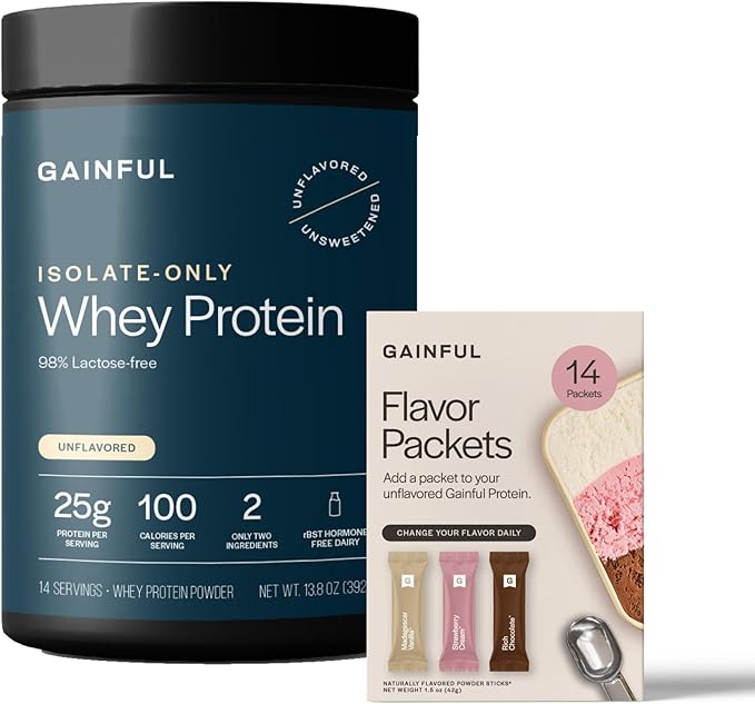 Gainful Isolate Only Whey Protein Powder + Neapolitan Flavor Bundle 25g Clean Protein Supports Lean Muscle and Recovery Virtually Lactose-Free Ultra Versatile 14 Servings + 14 Flavor Sticks