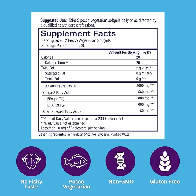 Paradise Herbs Omega-Sure Omega-3 Concentrate Premium Fish Oil DHA EPA Vegan Non GMO Gluten Free 60 Count Vegetarian Softgels