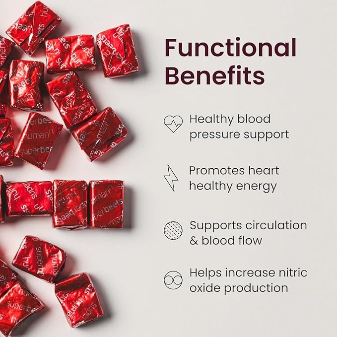 Beet Root Heart Chews Nitric Oxide and Blood Pressure Support Grape Seed Extract &amp Non-GMO Beet Root Powder Energy Supplement Pomegranate Berry Flavor 60 Count