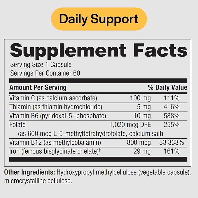Ferrous Iron Complete: 29 mg Iron Supplement Iron with Vitamin C Vitamin B12 B6 Thiamin and Folate Blood Support Supplement for Men &amp Women Without GI Side Effects - 60 Capsules