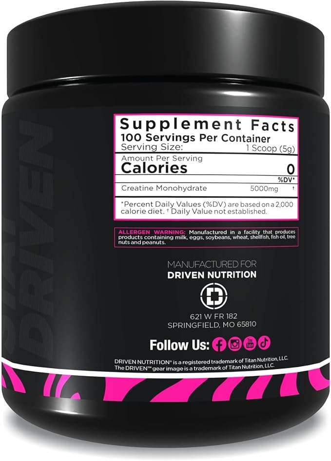 Driven Nutrition Micronized Creatine Monohydrate Powder – 500g | Pure Unflavored 5g Per Serving | Muscle Strength Power Endurance &amp Recovery Supplement
