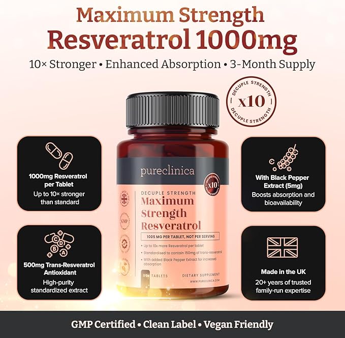 pureclinica Maximum Strength Resveratrol 1000mg x 360 Tablets - (4 Bottles of 90-12 Months Supply). 10 x Strength w/Black Pepper Extract