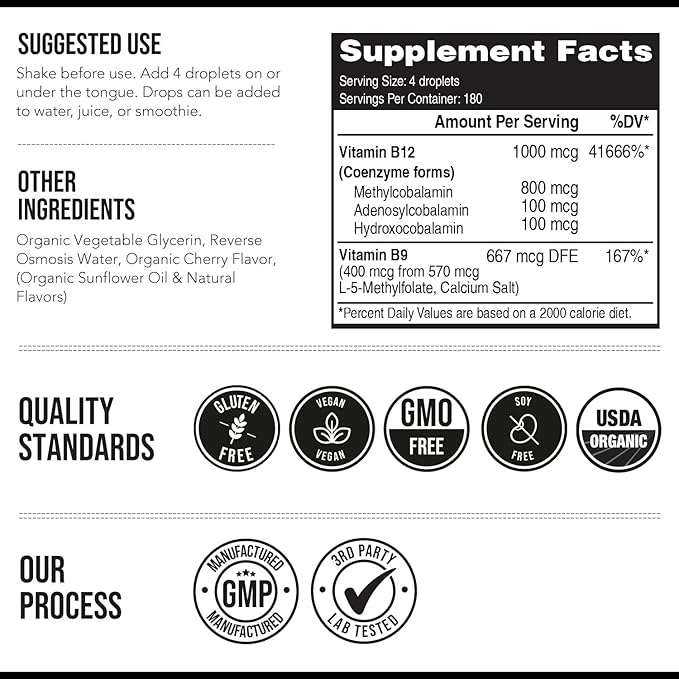 BioActive Vitamin B12 1000 mcg | Contains 3 BioActive Forms B12 Plus Methylfolate Cofactor - Methyl B12 Adenosyl B12 &amp Hydroxy B12 | Sublingual Form Cherry Flavor Organic Vegan (180 Servings)