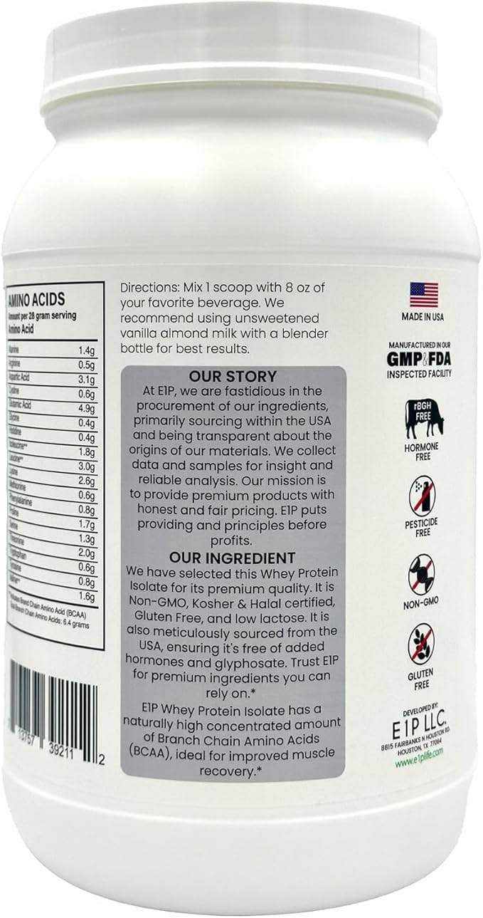 Whey Protein Isolate 2lbs (32 Servings) Unflavored Non-GMO Cold-Processed Non-Denatured Third-Party Lab Tested. Made with Halal and Kosher Certified Ingredients.
