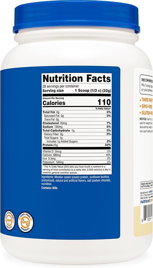 Nutricost Casein Protein Powder 2lb Vanilla - Micellar Casein Gluten Free Non-GMO