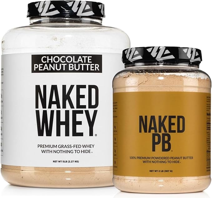 NAKED Whey Chocolate Peanut Butter Protein Powder (52 Servings) + PB Powdered Peanut Butter 2LB (76 Servings) – Grass-Fed Non-GMO Gluten Free Soy Free Bulk