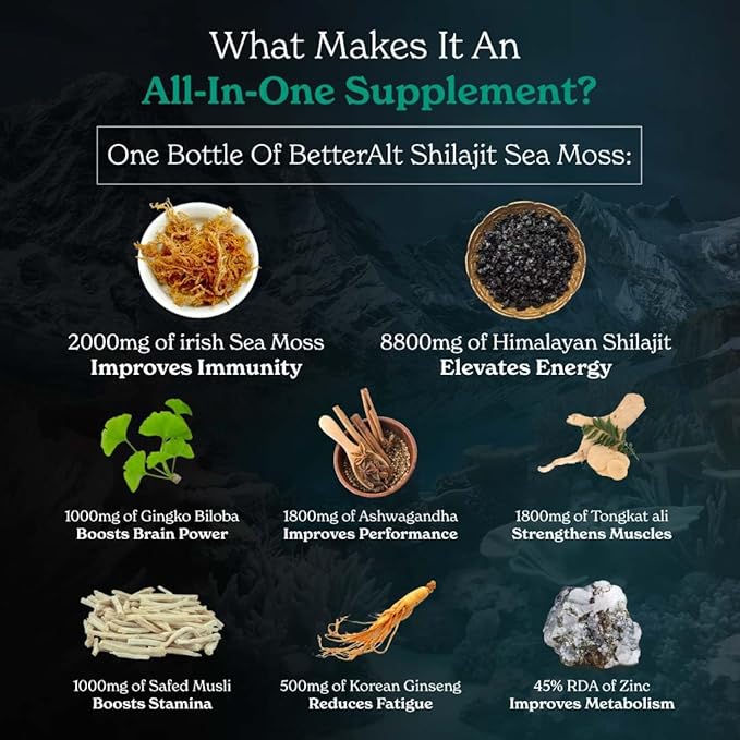 Better Alt Shilajit Sea Moss Capsules Pack of 2 with Ashwagandha &amp Black Pepper Extract with 85+ Essential Minerals &amp Antioxidants| Boosts Energy &amp Metabolism - 120 Servings 240 Capsules