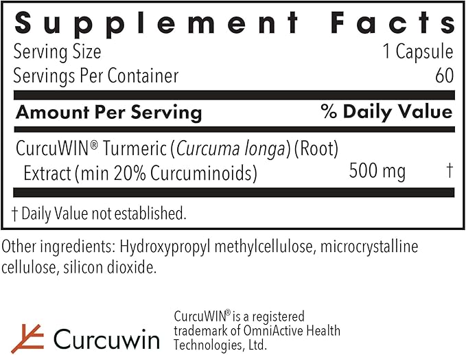 Allergy Research Group CurcuWIN 500 Supplement - Turmeric Extract Curcumin 500mg Turmeric Pills Curcuma Longa Pure Organic Bioavailable - 500mg Vegetarian Capsules 60 Count