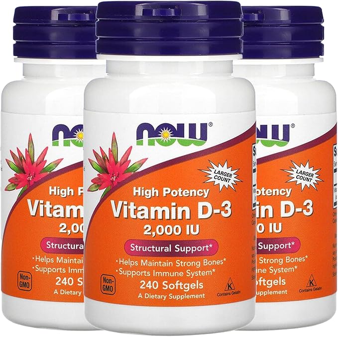 NOW Foods Vitamin D-3 50 mcg (2000 IU) 240 Softgels 3 Pack