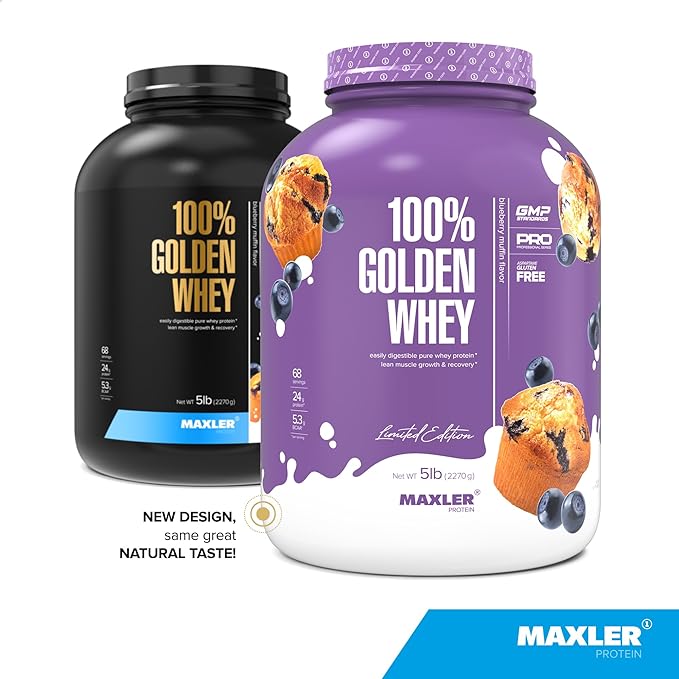 Maxler 100% Golden Whey Protein - 24g of Protein per Serving - Whey Protein Powder for Pre Post Workout - Fast-Absorbing Whey Concentrate Isolate &amp Hydrolysate Blend - Blueberry Muffin 5 lb