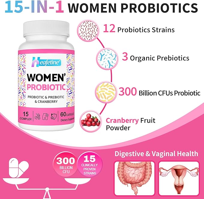 Vaginal Probiotics for Women 300 Billion CFUs Probiotics for Women 15-in-1 Womens Probiotic &amp Prebiotics for Vaginal Urinary Tract PH Balance Immune Digestive &amp Gut Bloating Health 60