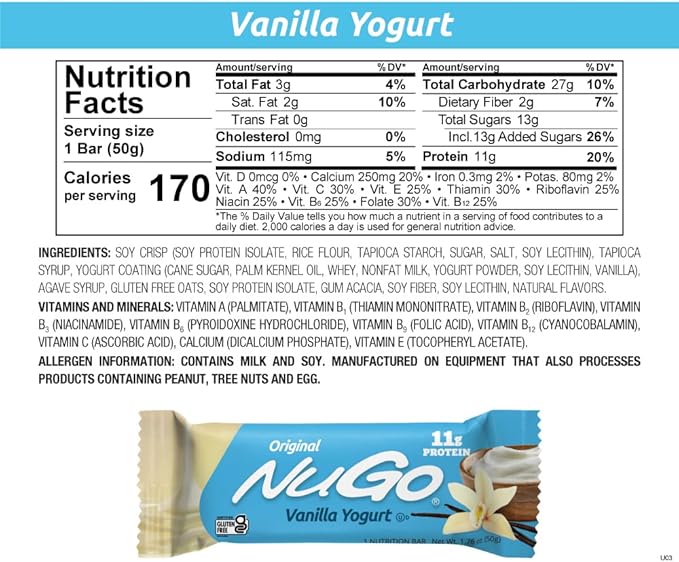 NuGo Protein Bar Vanilla Yogurt 11g Protein Gluten Free 15 Count