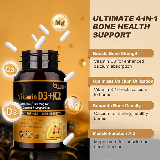 NATURE TARGET Bone &amp Heart Synergy Bundle — Vitamin D3 K2 + Triple Omega 3-6-9 Fish Oil with Calcium &amp Magnesium &amp Vitamin E Complete Daily Support for Bones Heart Brain &amp Immune He