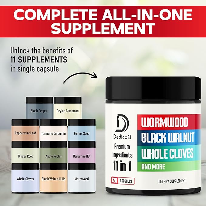 Wormwood Supplement - 120 Capsules Extracted from Black Walnut Cloves Turmeric Apple Berberine HCl &amp More - 11 Ingredients Combined for Immune System - 2-Month Supply