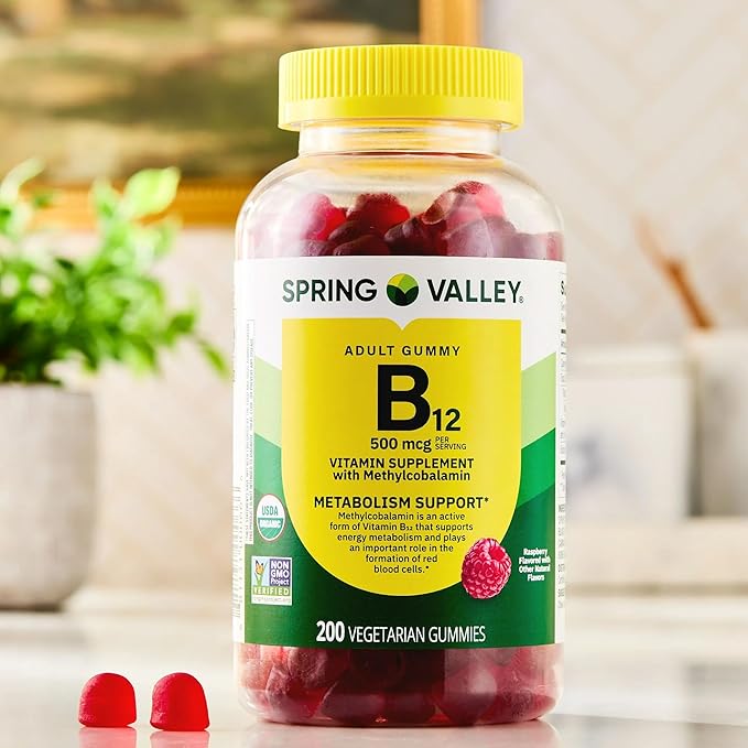 Spring Valley Vitamin B12 500mcg (as Methylcobalamin) - Raspberry Flavor - 100 Vegetarian Gummies - Energy &amp Metabolism Support with SUREFECT Organizer.