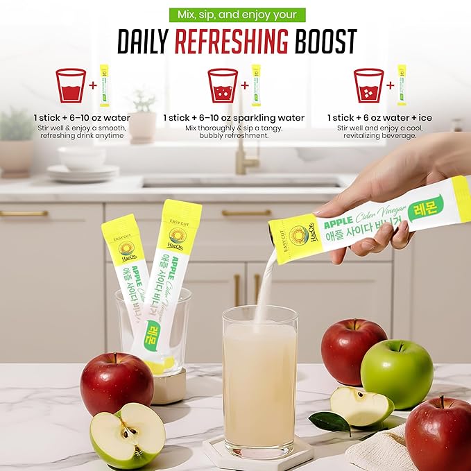 HaeOn Apple Cider Vinegar Drink Powder Stick – On-the-Go with 1500mg ACV 30 Sticks Sugar-Free Probiotics | Supports Digestion (Pack of 30 Lemon)