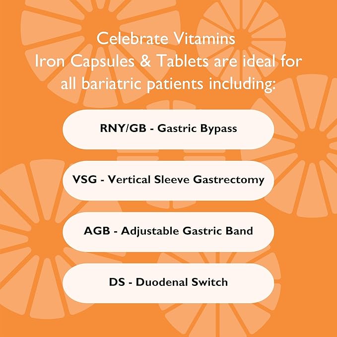 Celebrate Vitamins Iron Supplement with Vitamin C - 45mg Iron 60mg Vitamin C Bariatric Vitamins for WLS Patients Vertical Sleeve &amp Gastric Bypass Surgery (90 Capsules)