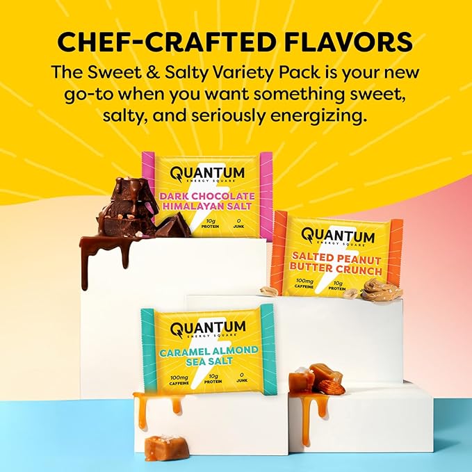 Quantum Energy Square - Dark Chocolate Pink Himalayan Salt Salted Peanut Butter Crunch Caramel Almond Sea Salt - Variety 12-Pack - 4 Bars Each