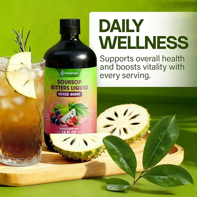 Soursop Bitters Liquid – Herbal Detox Formula with Soursop Ginger Turmeric &amp Black Seed Mixed Berry Flavor – Supports Digestive Balance &amp Immune Wellness – 16 fl oz