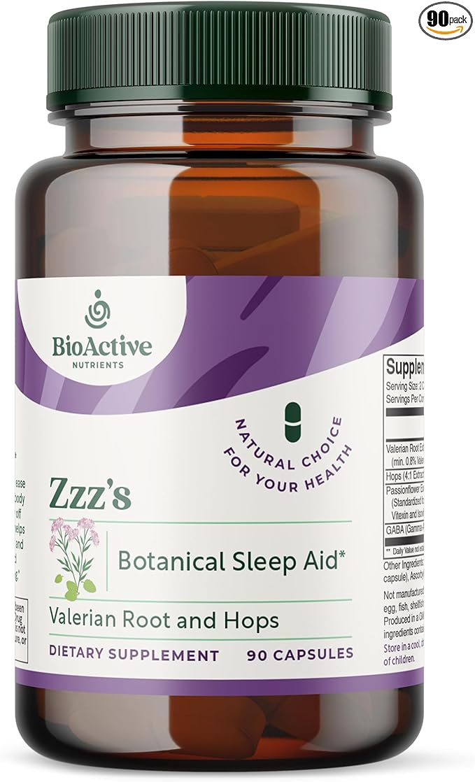 BIOACTIVE NUTRIENTS Zzz's Botanical Sleep Aid - with GABA L-Theanine Lemon Balm Valerian Root and Ashwagandha Root - Super Greens Ashwagandha Capsules Mens and Womens Vitamins (90 Capsules)*