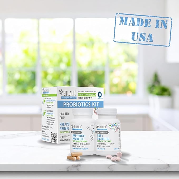 StellaLife Probiotics Oral &amp Gut Prebiotics Post Probiotics Kit: 44.5B CFU 11 Oral &amp 6 Gut Spore strains for Digestive &amp Dental Health Bad Breath Treatment Tongue Hygiene Strawberry Fl