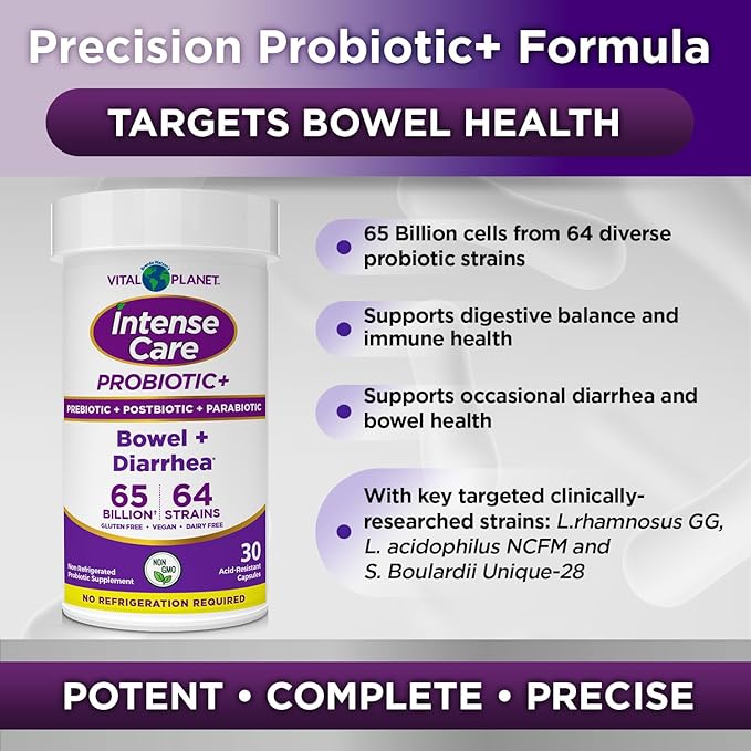 Vital Planet - Intense Care Bowel and Diarrhea Probiotic Supplement with Organic Prebiotics Postbiotics and Parabiotics Lactobacillus Rhamnosus and Saccharomyces 65 Billion CFU 64 Strains 30 Ct