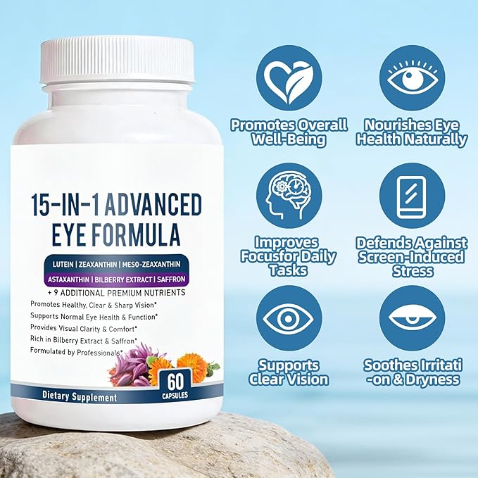 15 in 1 Advanced Eye Formula - Eye Vitamin and Mineral Supplement with Lutein Zeaxanthin Zinc &amp Bilberry Extract - Vision &amp Focus Support 60 Capsules