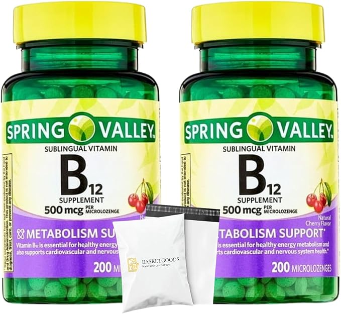 Spring Valley B12 500 mcg- Sublingual Cherry Flavor 200 ct (Pack of 2) Set by Basket Goods