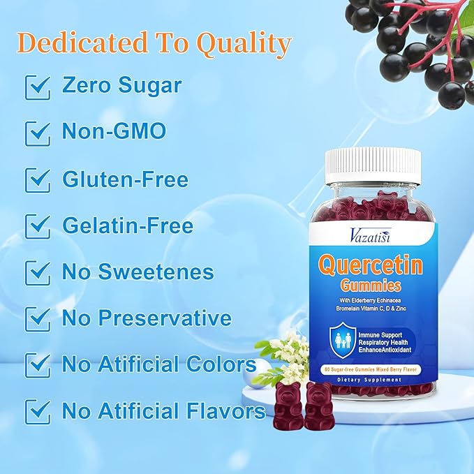 2 Pack Quercetin with Bromelain Gummies Quercetin 1200MG with Vitamin C Zinc &amp Elderberry for Immune System &amp Allergy Chewable &amp Vegan Gummies Mixed Berry Flavor 120 Cts