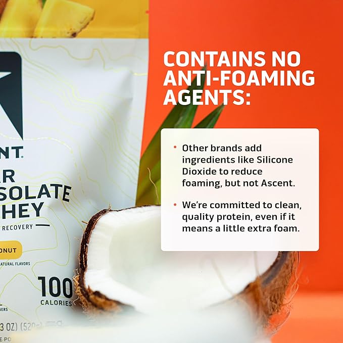Ascent 100% Clear Whey Protein Powder - Post Workout Whey Protein Isolate Zero Artificial Flavors &amp Sweeteners Gluten Free 5.5g BCAA 2.1g Leucine Essential Amino Acids Pineapple Coconut 20