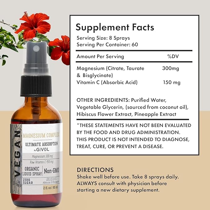 Tri Magnesium Complex - Magnesium Biglycinate Citrate &amp Taurate Liquid Spray 300mg w/Raw Vitamin C for Promoting Serenity Body Decompression - Hibiscus &amp Pineapple Flavor 60ml (2oz)