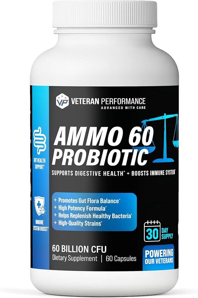 Ammo 60 Probiotic – 60 Billion CFU 4 Targeted Strains + FOS Prebiotic – Supports Digestive Balance &amp Boost Immune System – Daily Probiotic Supplement