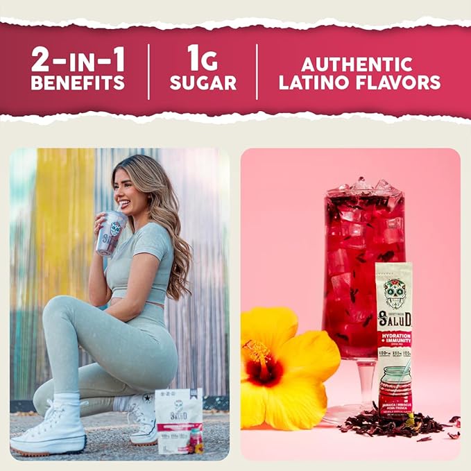 Salud 2-Pack | 2-in-1 Calm + Sleep (Punch) &amp Hydration + Immunity (Hibiscus) 15 Servings Each Drink Mix Dairy &amp Soy Free Non-GMO Gluten Free Vegan Low Calorie 1g of Sugar