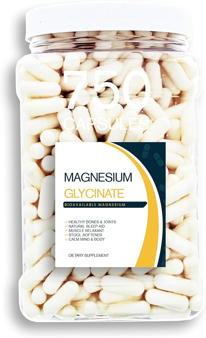 Magnesium Glycinate - 750CT 400 mg Pure Mg2+ per Serving complexed with Glycine for Maximal Absorption in a Clear Square Grip Jar